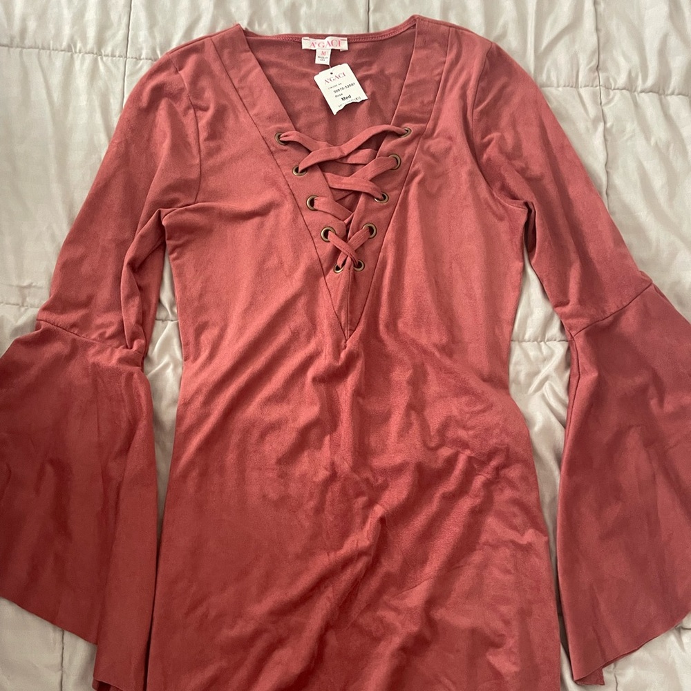 Pink faux suede dress with flared sleeves